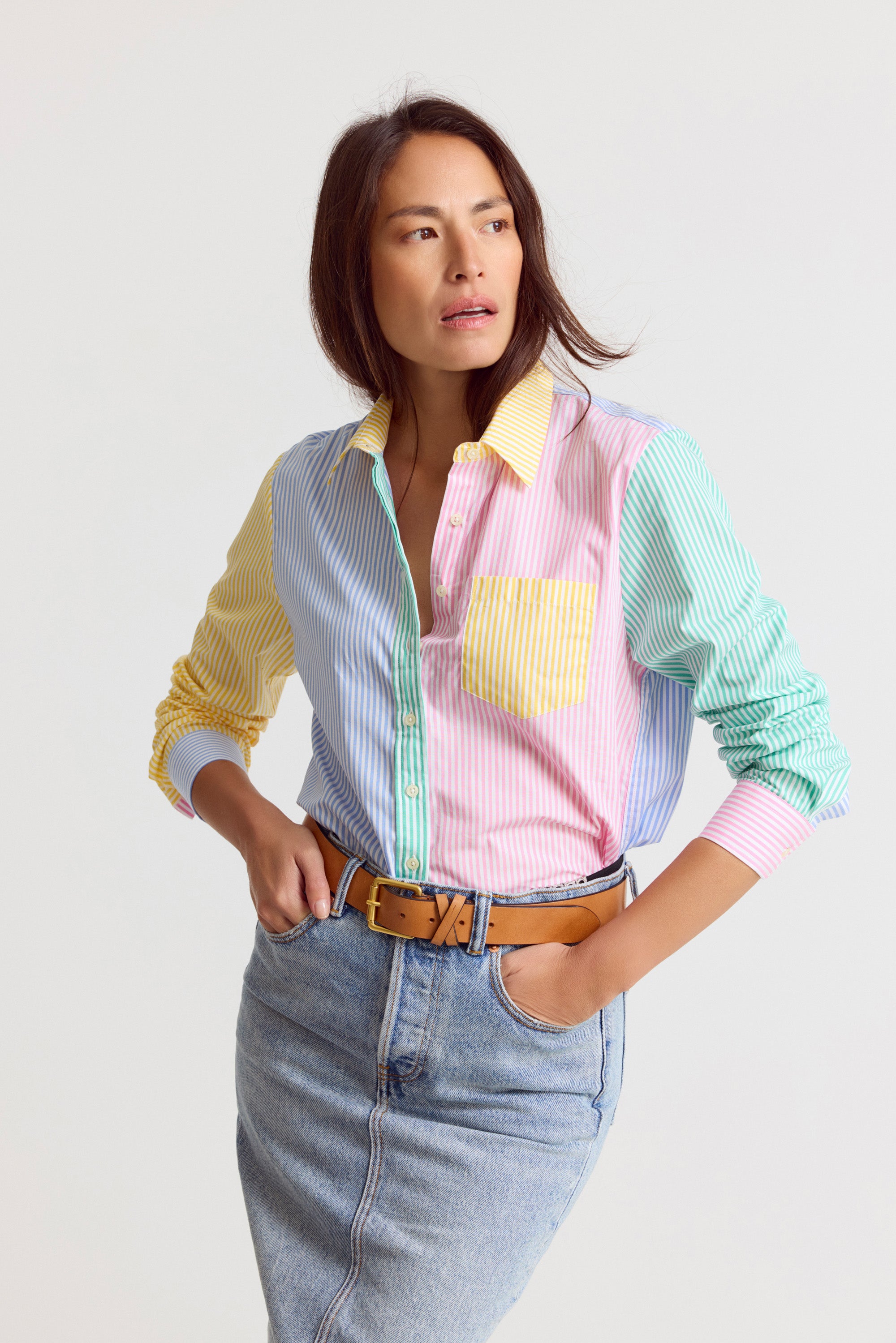 The Shirt by Rochelle Behrens THE BOYFRIEND SHIRT IN MULTICOLOR STRIPE Multi Stripe