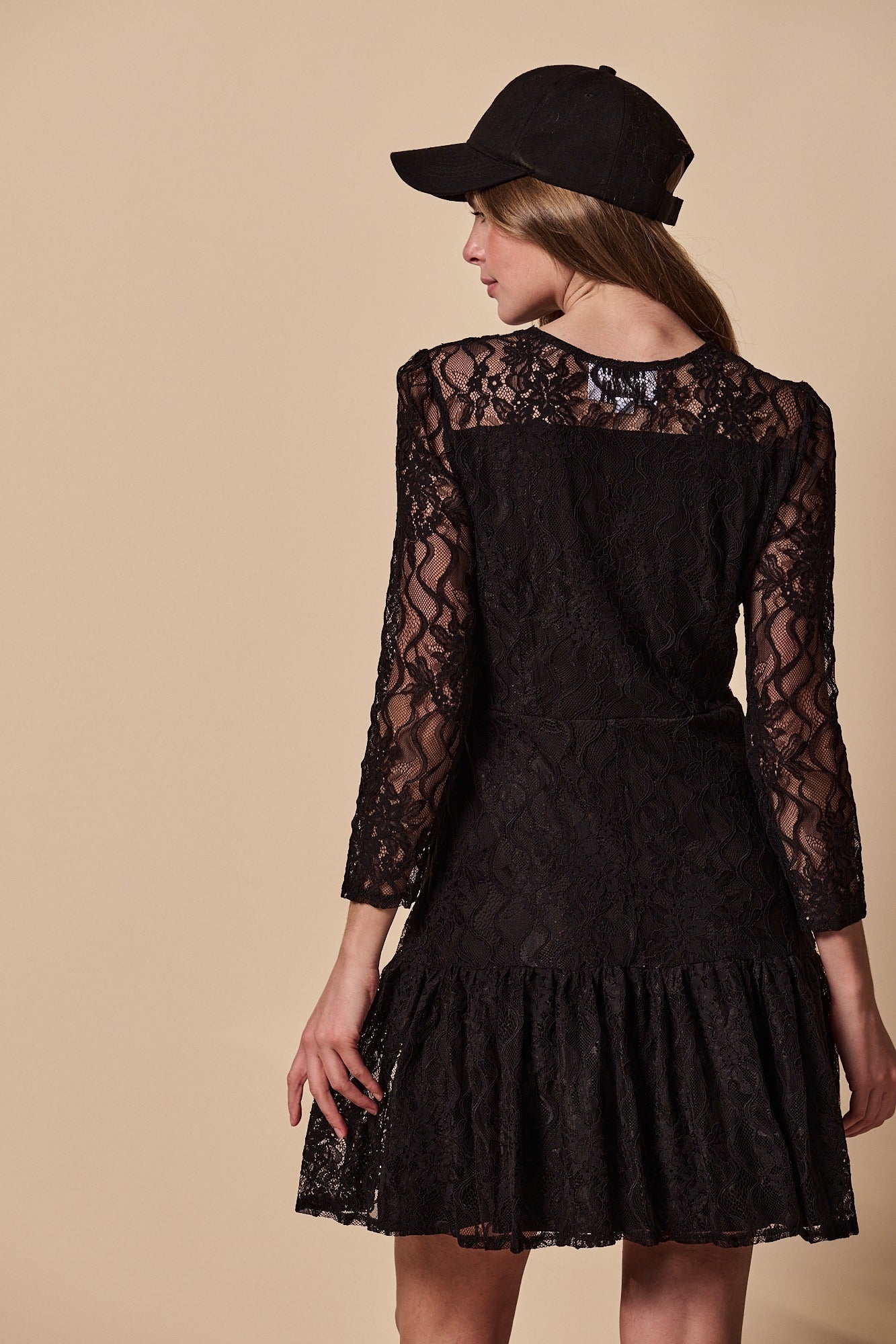 lace tee dress Short Sleeve Lace Trim Cinched Waist T-Shirt Dress In Black | EGO US