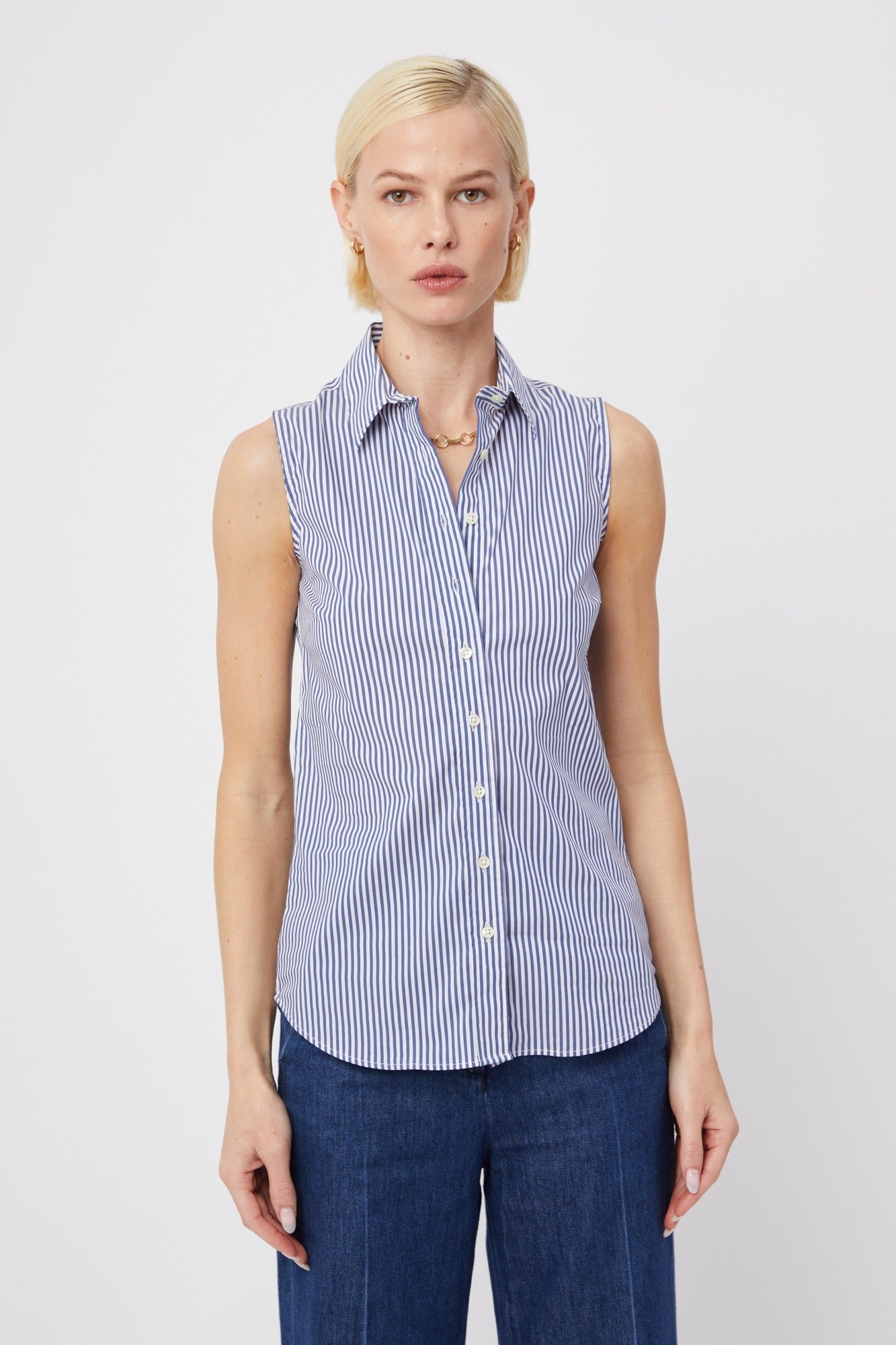 シャツ/ブラウス(半袖/袖なし) Striped Sleeveless Shirt with Lace Bib Stripe Everyday Sleeveless Stripe Shirt Blue | Brochu Walker