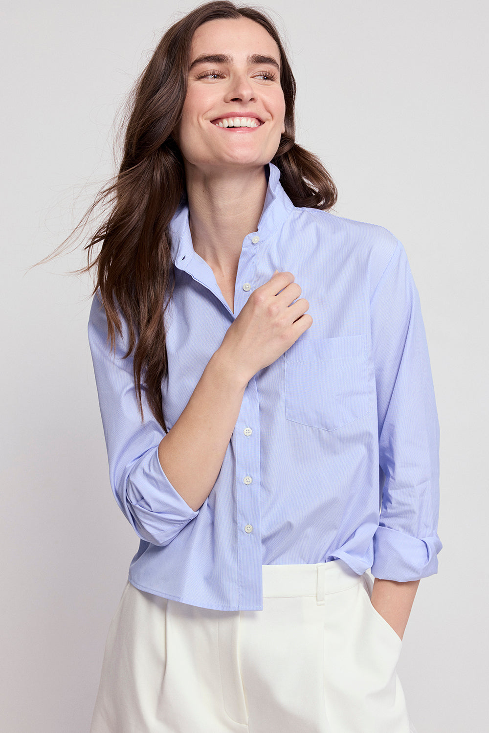 boxy dress shirt women THE SHIRT Women's Boxy Crop Short Sleeve Shirt, Size Medium, Blue, Cotton