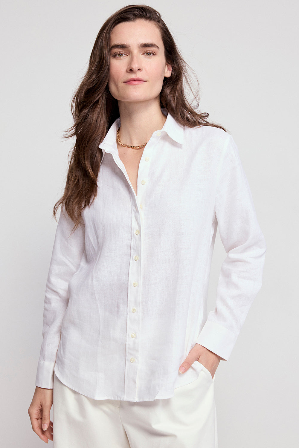 white linen dress shirt Long-Sleeve CORSICA in down collar Grand Le Mar - Cream