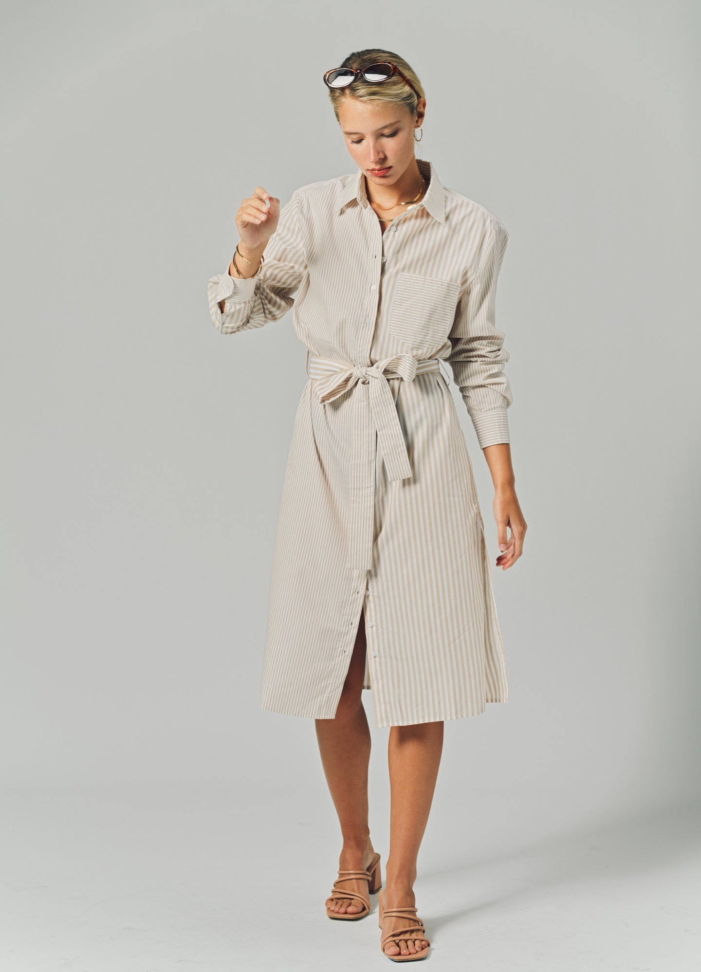 The Long Sleeve Midi Dress Beige Stripe / S
