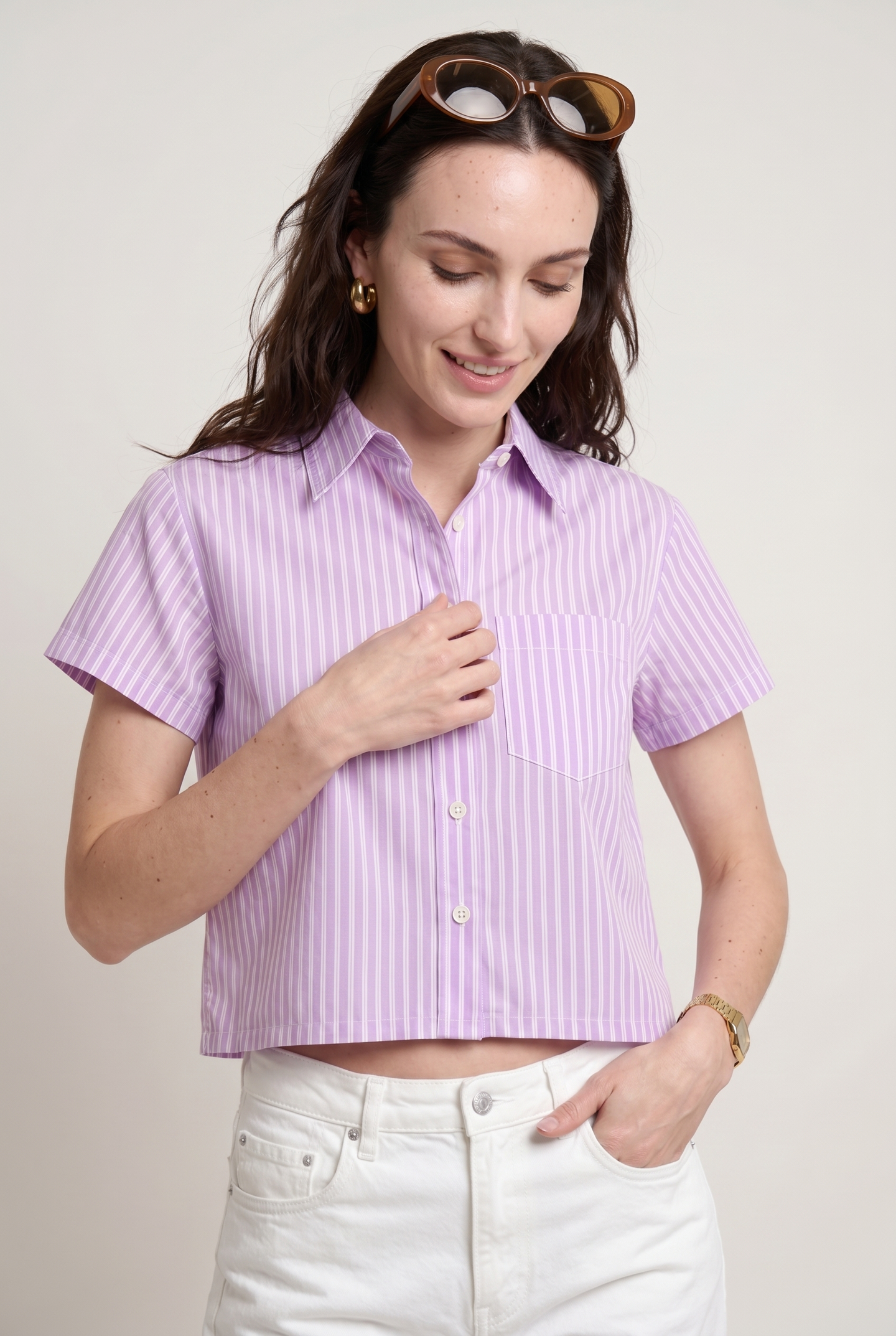 The Boxy Short Sleeve Cropped Shirt Lilac/White / M