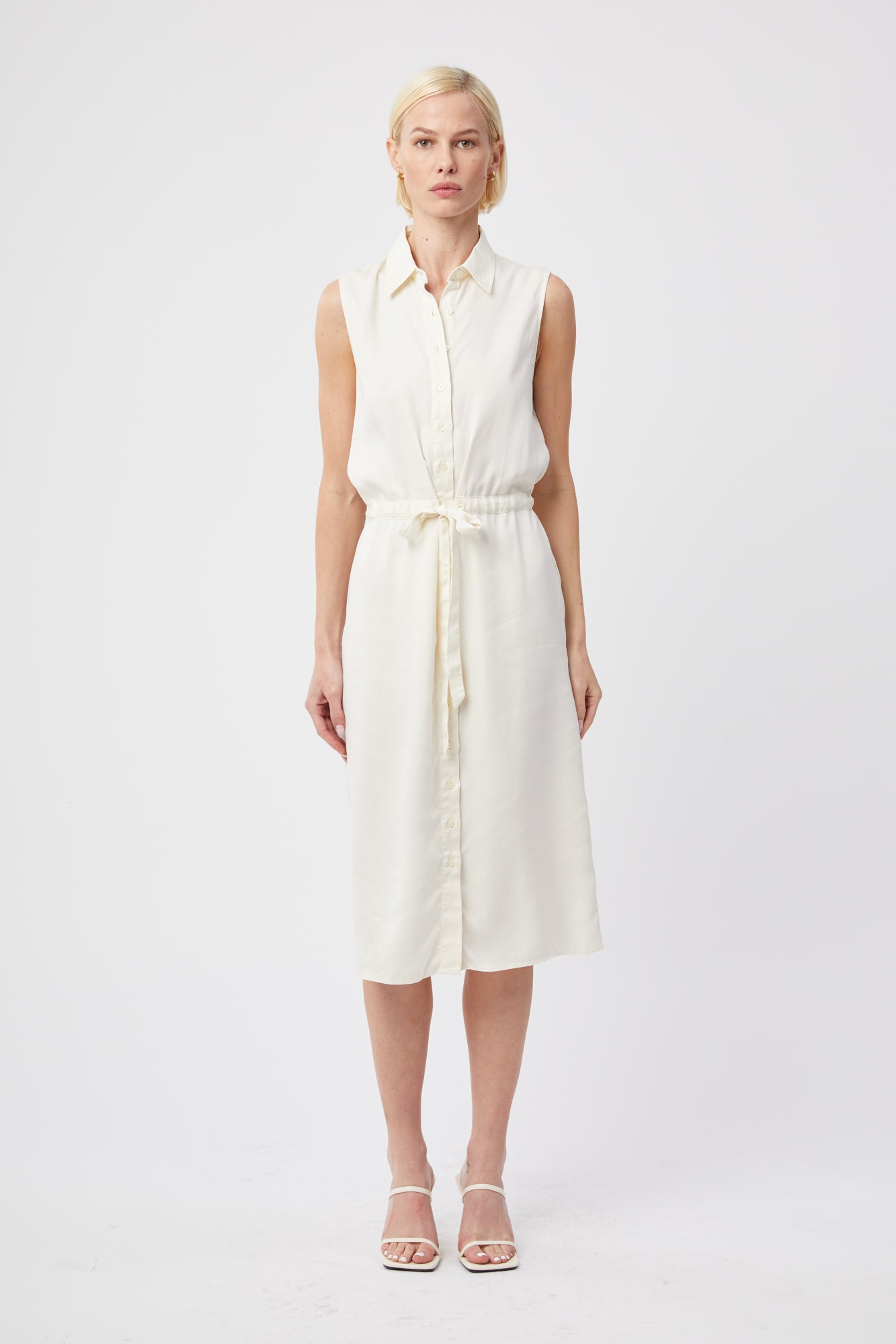 The Sleeveless Shirtdress w/ Tie Waist Cream Tencel / XS