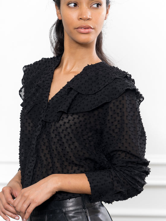 The Ruffled Shirt in Black Swiss Dot