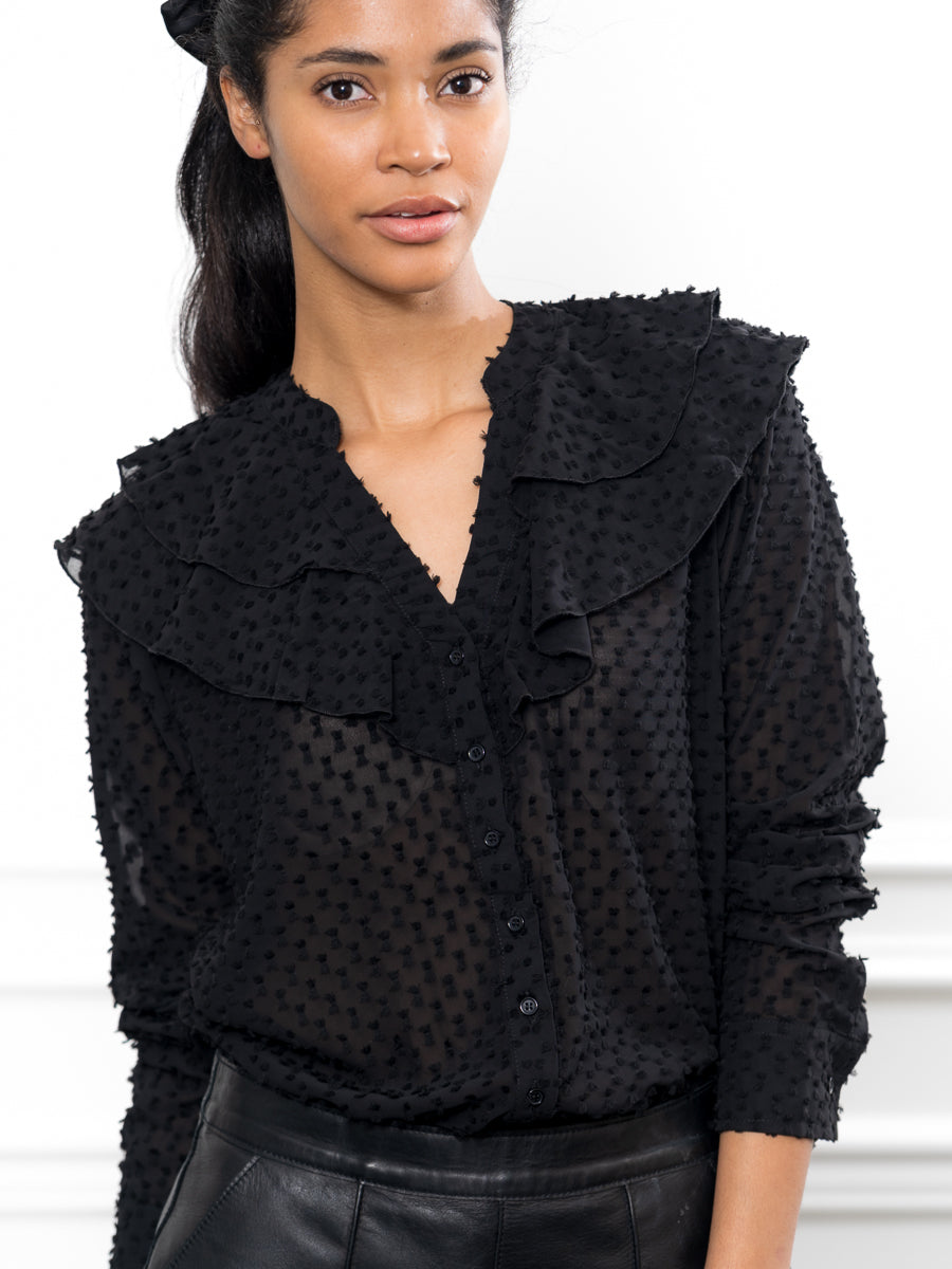 The Ruffled Shirt in Black Swiss Dot