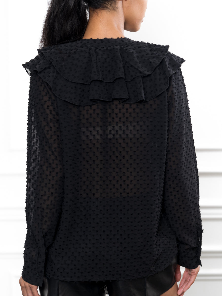 The Ruffled Shirt in Black Swiss Dot