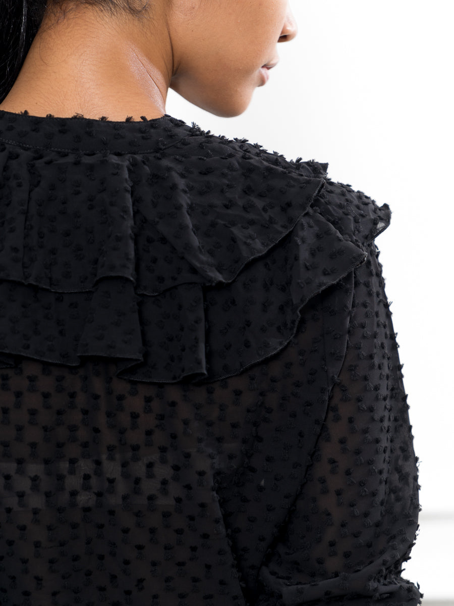 The Ruffled Shirt in Black Swiss Dot