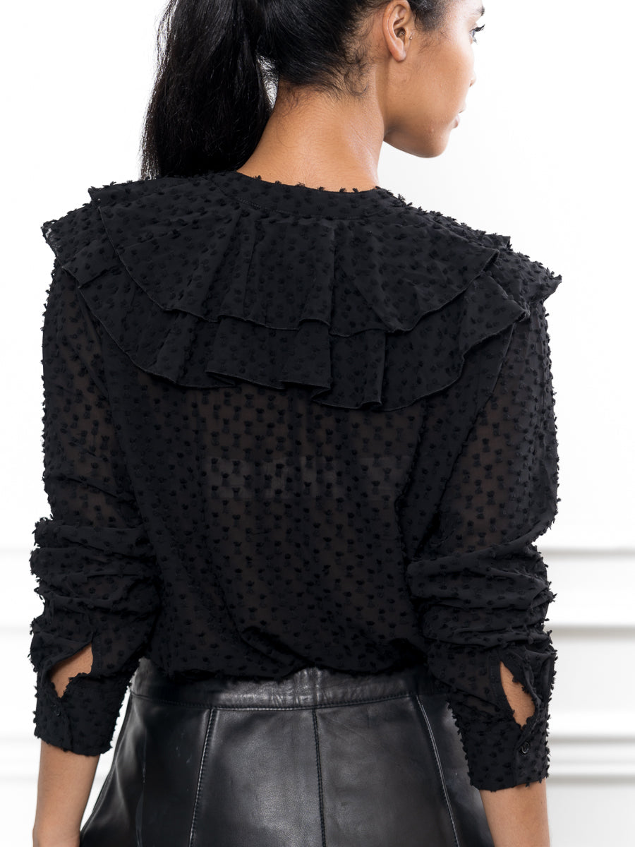 The Ruffled Shirt in Black Swiss Dot