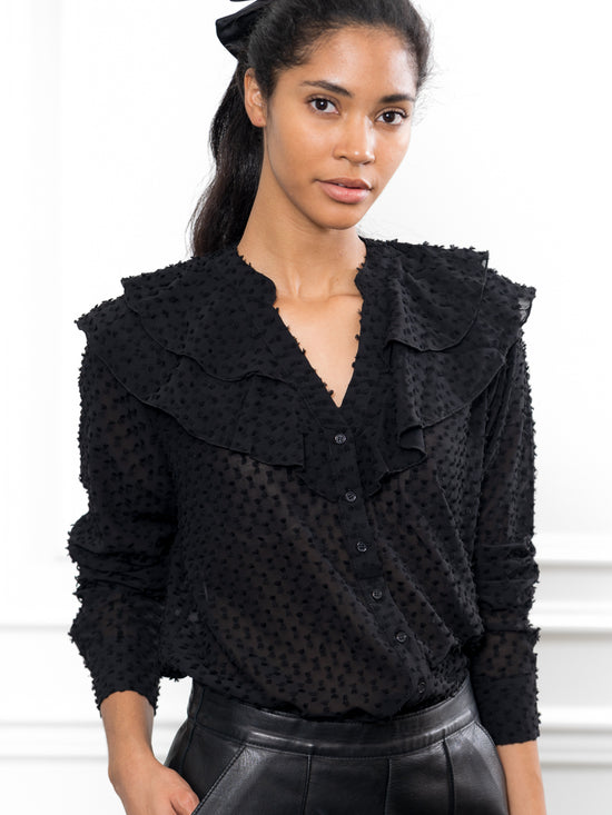 The Ruffled Shirt in Black Swiss Dot
