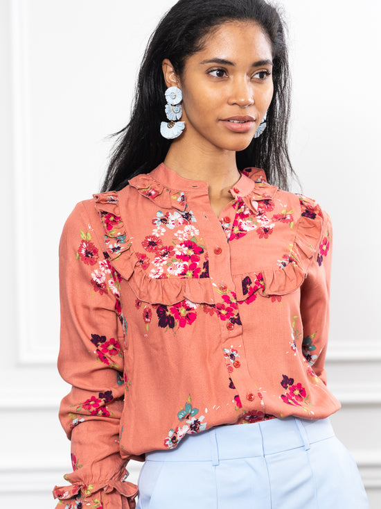 The Ruffled Front Shirt in Coral with Burgundy Flowers