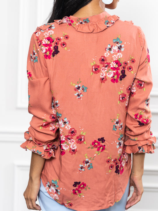 The Ruffled Front Shirt in Coral with Burgundy Flowers